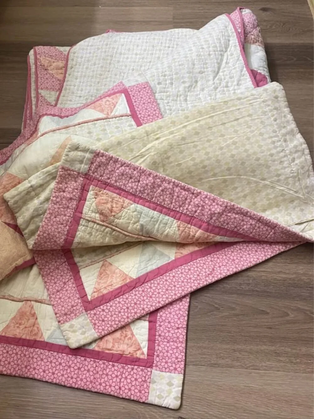 Vintage 1920 Reversible Floral & Pinwheel Star Coverlet Quilt/Pillow Set 85X85